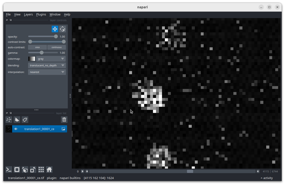 A screenshot of Napari - with the mouse cursor  hovering over a pixel and highlighting the corresponding pixel value