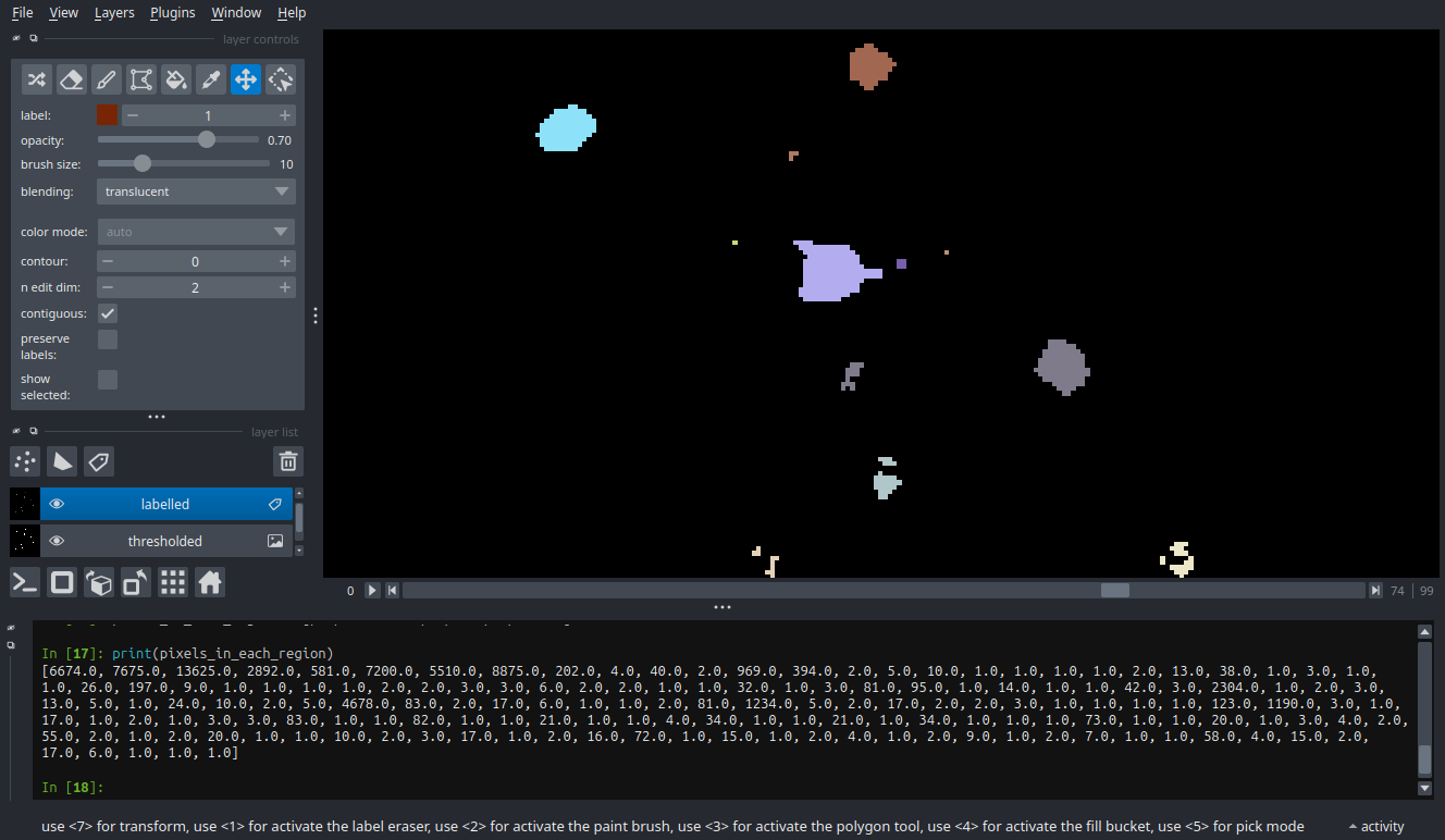 A list of pixel counts for each region of the example image